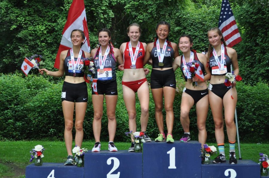 Grace Endy (in red) competing for U.S.A. after a dual meet against Canada in Philadelphia 