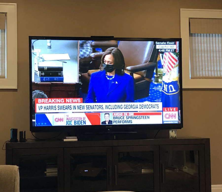 At home watching Vice President Kamala Harris swearing in new senators during the 2021 inauguration 