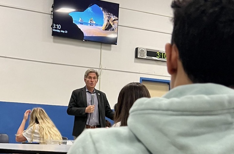 Congressman Tom Malinowski speaking at WHS on May 23