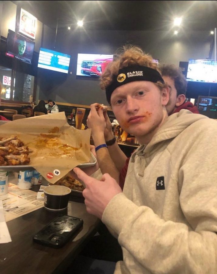 WHS senior Peter Meixner came in last place in his Fantasy Football league last year. His punishment: Eat 10 blazin’ wings from Buffalo Wild Wings with no beverage in 5 minutes