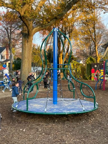 A new piece of playground equipment introduced to Lincoln School as part of a plan to make the playground more inclusive for kids with special needs.