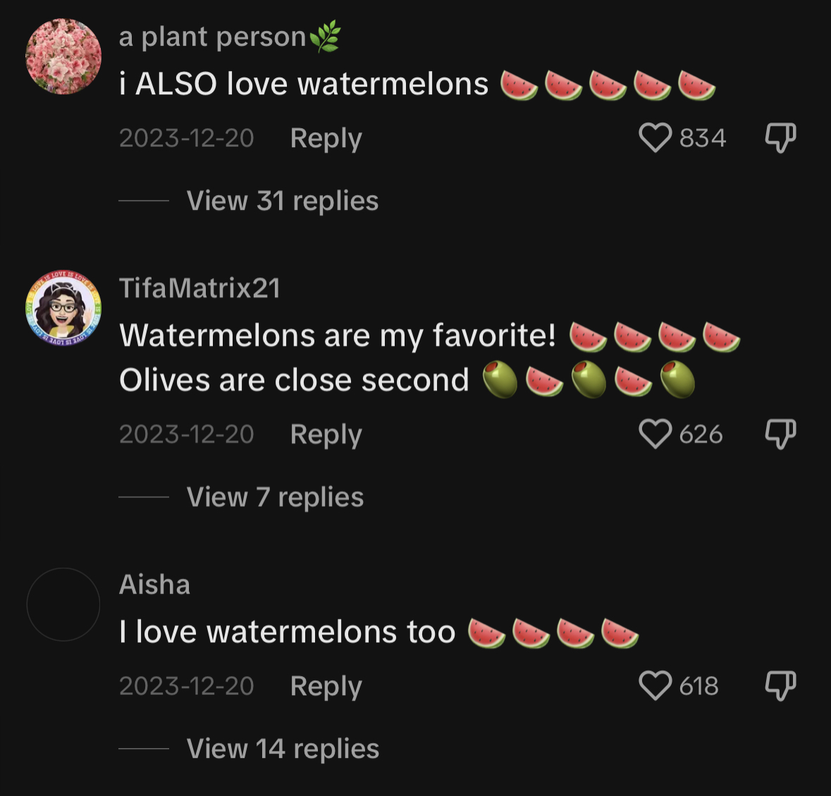 Screenshot+of+a+comment+section+of+a+popular+creator+using+the+watermelon+symbol