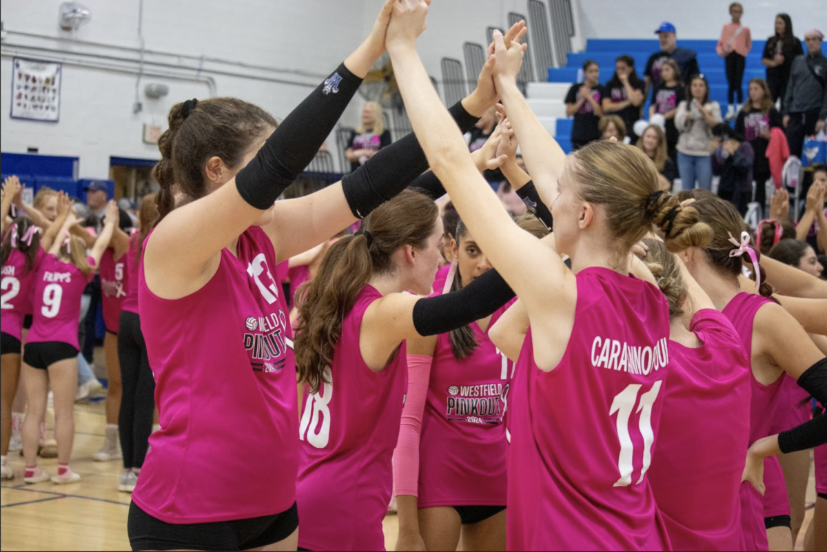 Lauren Schwarzenbek and other breast cancer survivors run through
survivor tunnel at WHS Girls Volleyball annual Pink Out game on Oct. 14