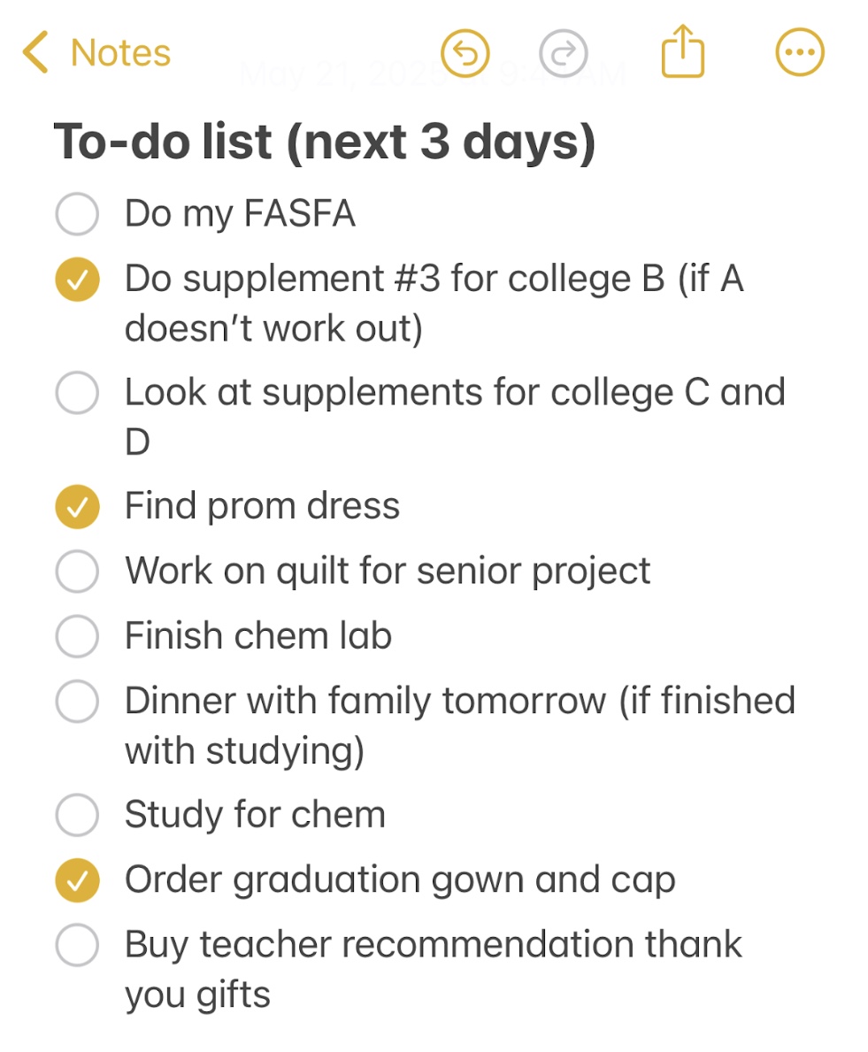 A hypothetical to-do list of a high school senior