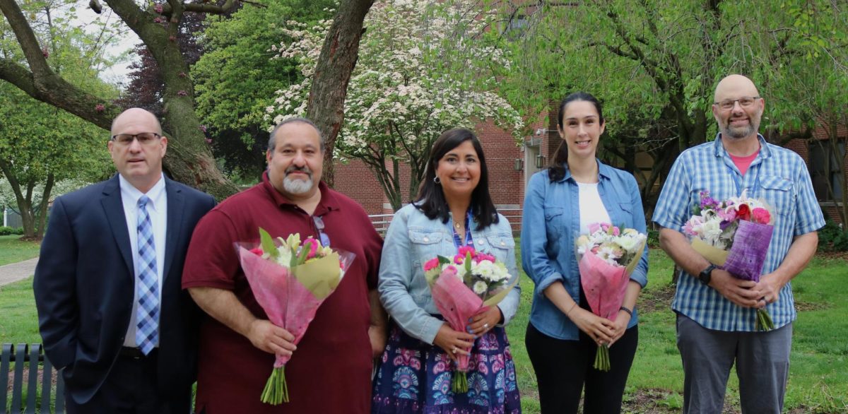 (From left to right) Acting Principal William Loughran, Science
Teacher Valentino Scipioni, English Teacher Kimberly Gosen-Fowler,
Spanish Teacher Paula Parada and Science Teacher Jeffrey Robbins