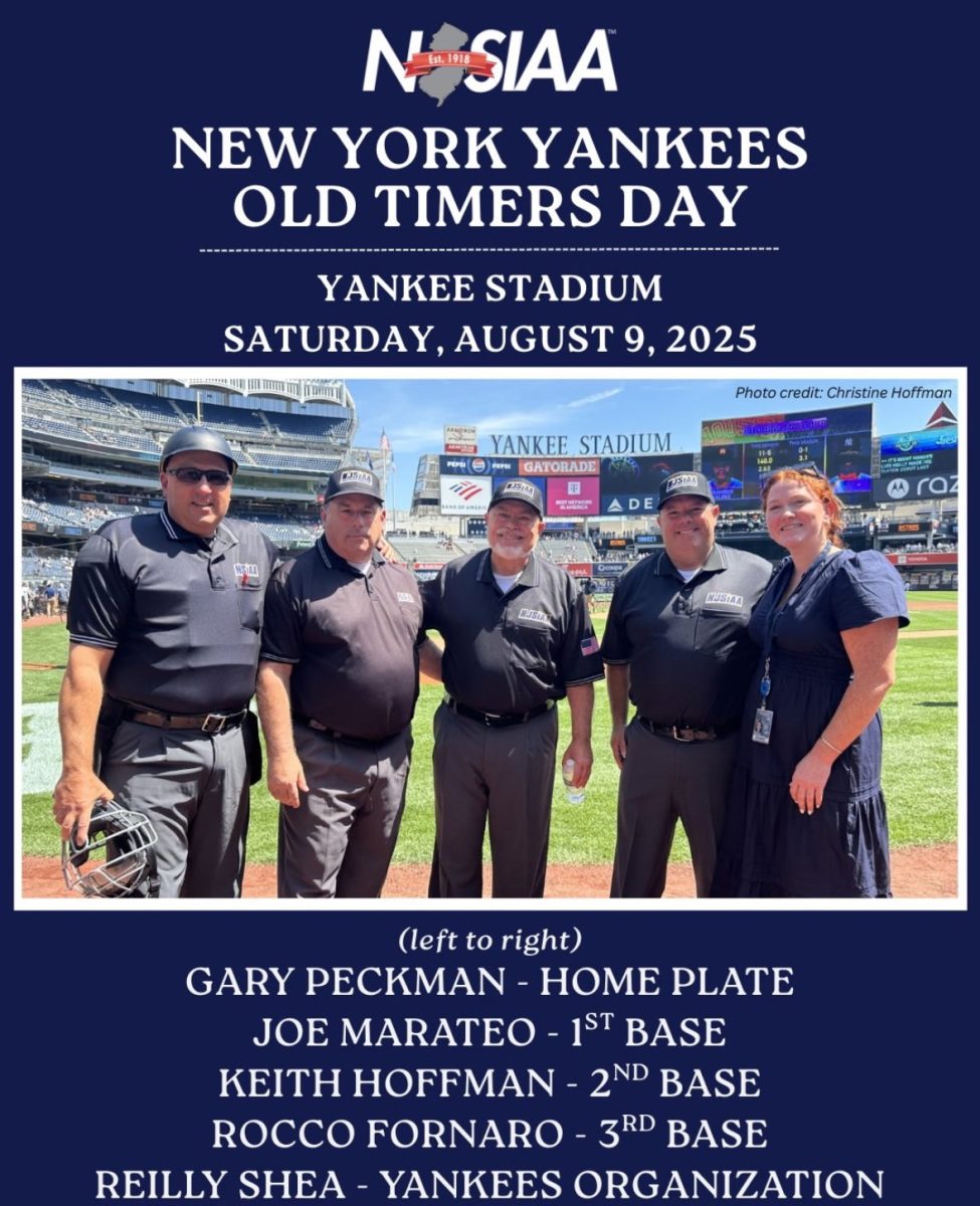 Assistant Network Manager Joe Marateo (second from the left) along with three other “well-known jersey guys” selected to umpire the 2025 Old Timers Game at Yankee Stadium