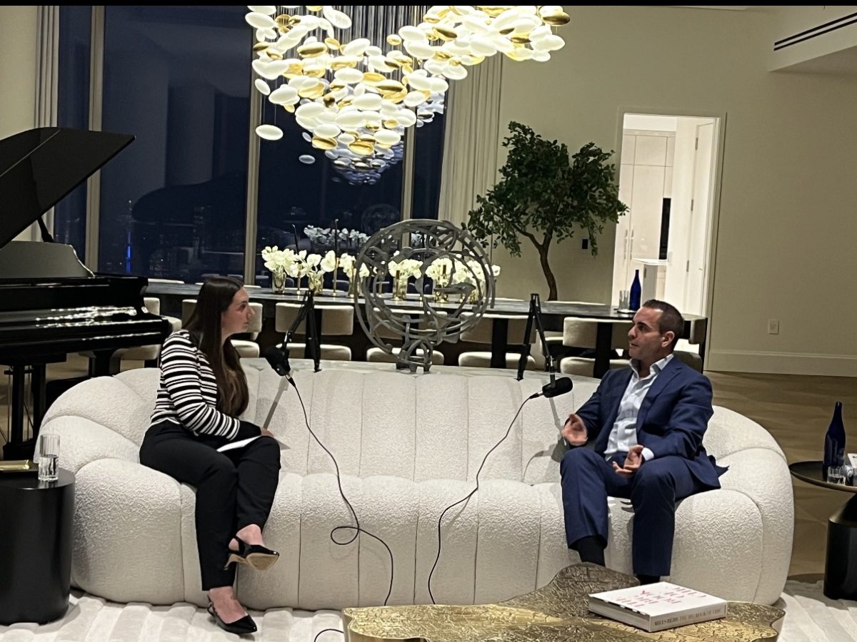 Alexa Bloomberg interviewing Joaquin Stearns in a $60 millon apartment at Central Park Tower for What it Takes podcast