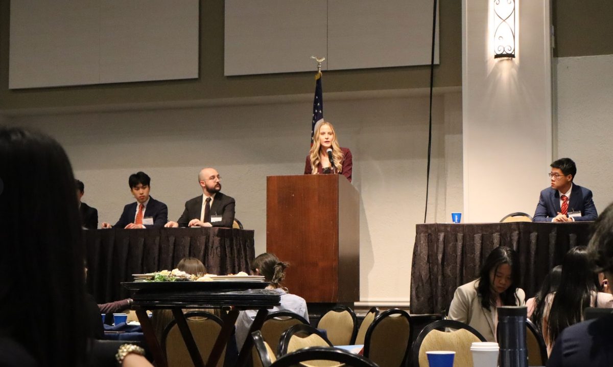 Eileen Cunha giving closing remarks at Model UN in January 