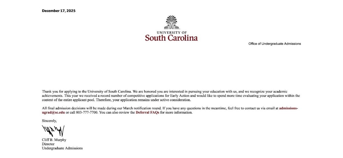 A deferral letter from the University of South Carolina
